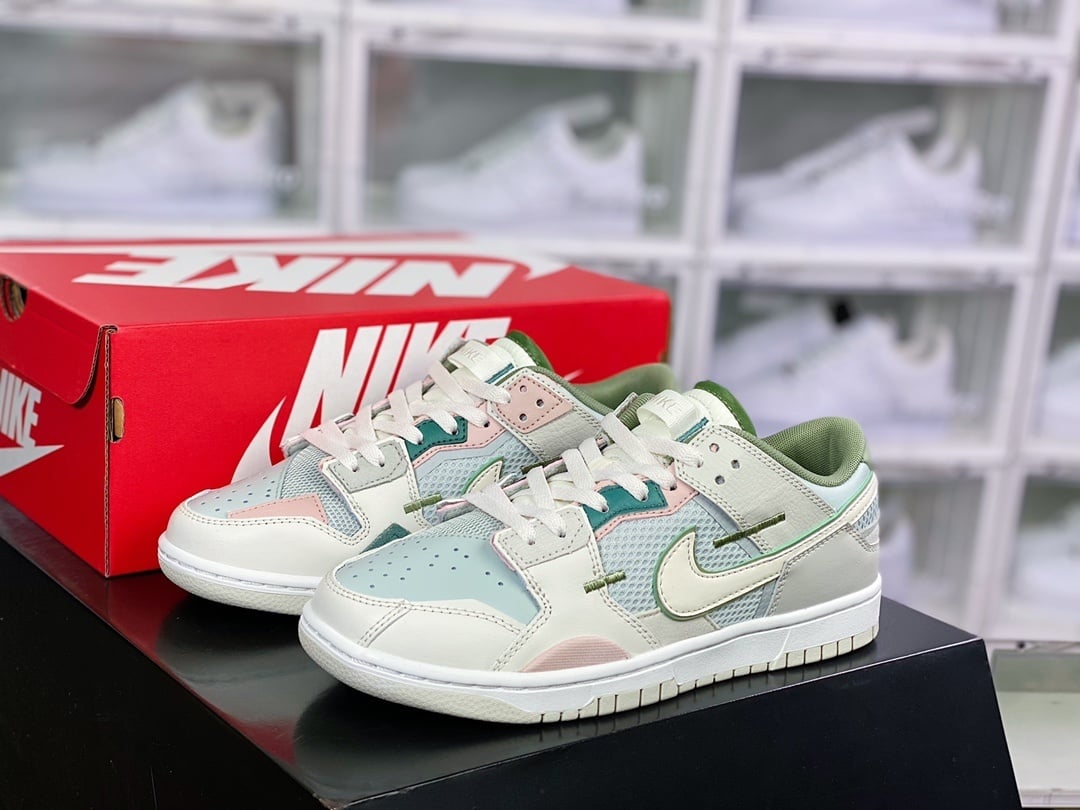 NK Dunk Low Patchwork Cinza Névoa, Verde Claro, Rosa e Branco