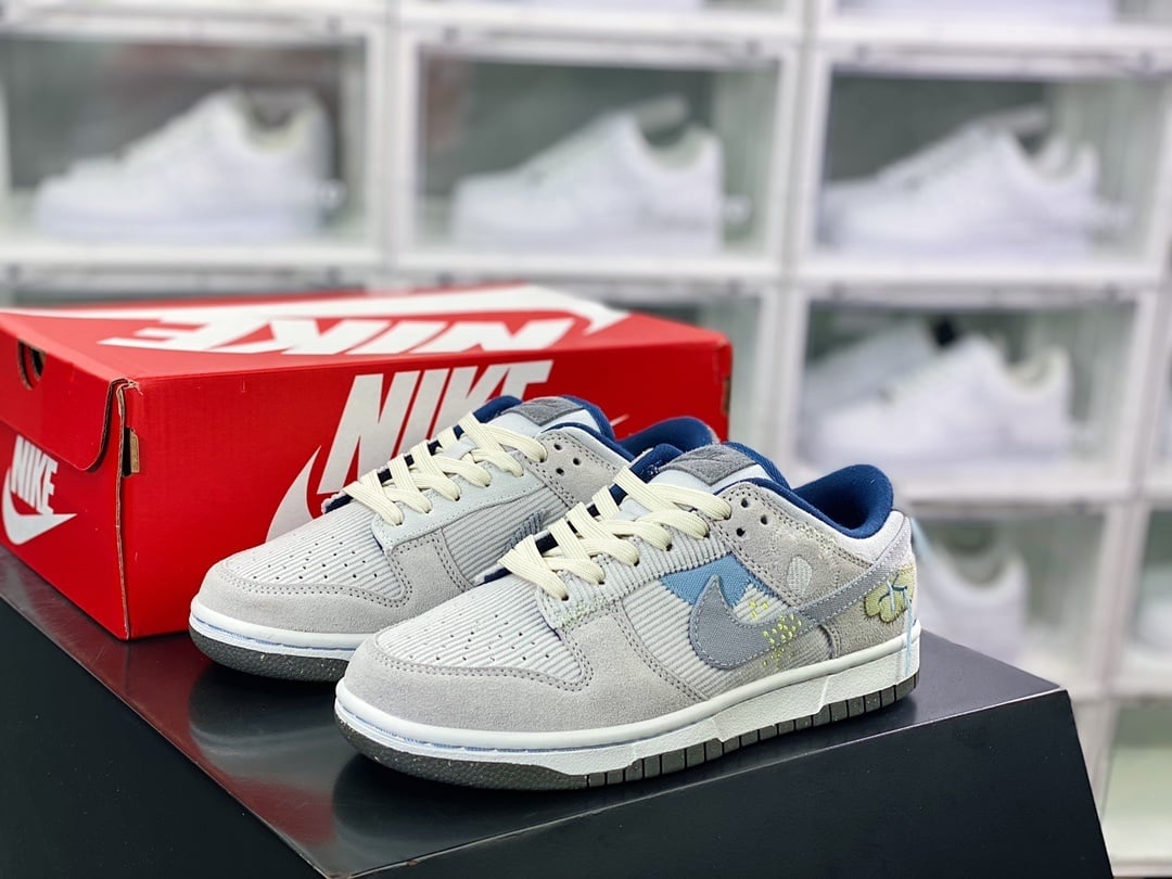 NK Dunk Low Cinza Azul em Veludo Cotelê