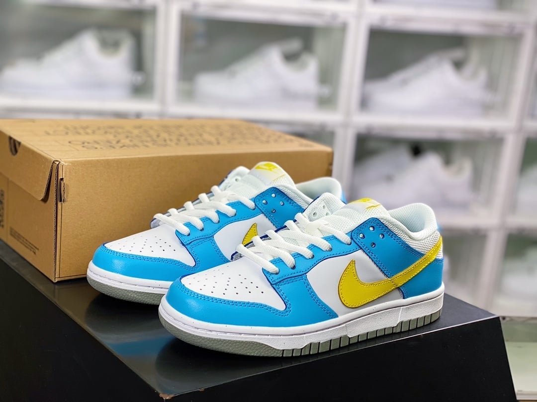 NK Dunk Low Branco Azul Materiais Recicláveis