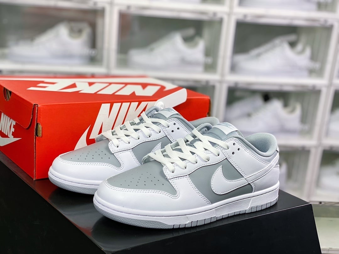 NK Dunk Low Couro Cinza Branco