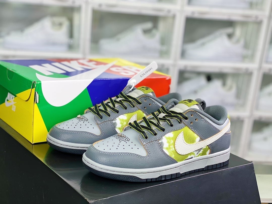 NK Dunk Low Couro Cinza Escuro Verde Tie-Dye