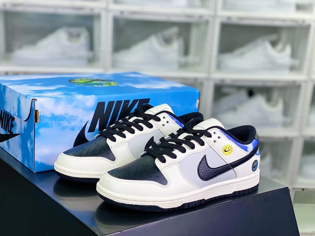 NK Dunk Low Couro Creme, Preto e Azul Céu