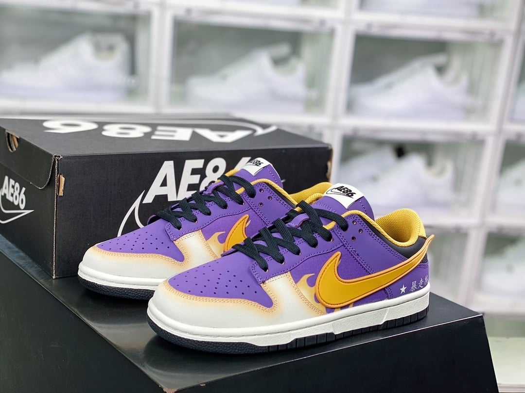 NK Dunk Low Roxo Preto Amarelo Chama Lowrider