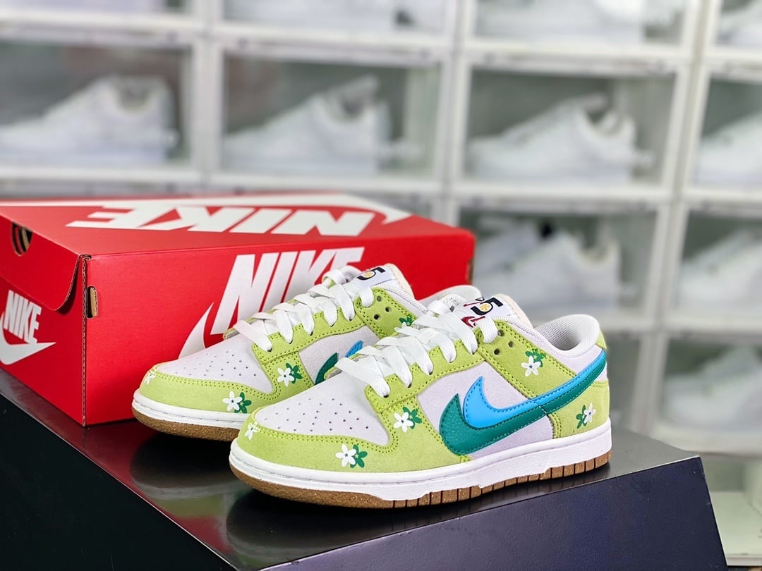 NK Dunk Low Floral Verde Maçã, Cinza Claro, Verde Escuro e Azul