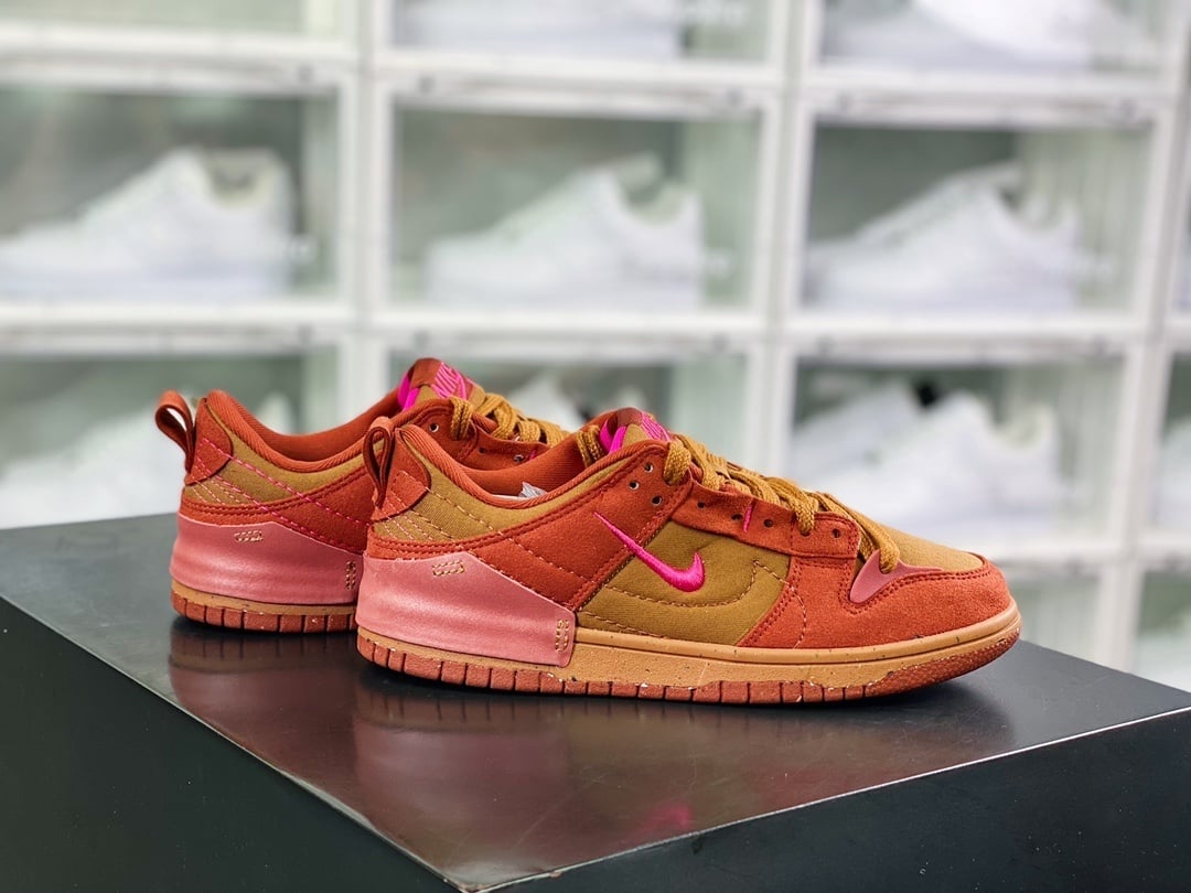 NK Dunk Low Desconstruído Castanho Vermelho Rosa Duplo Swoosh
