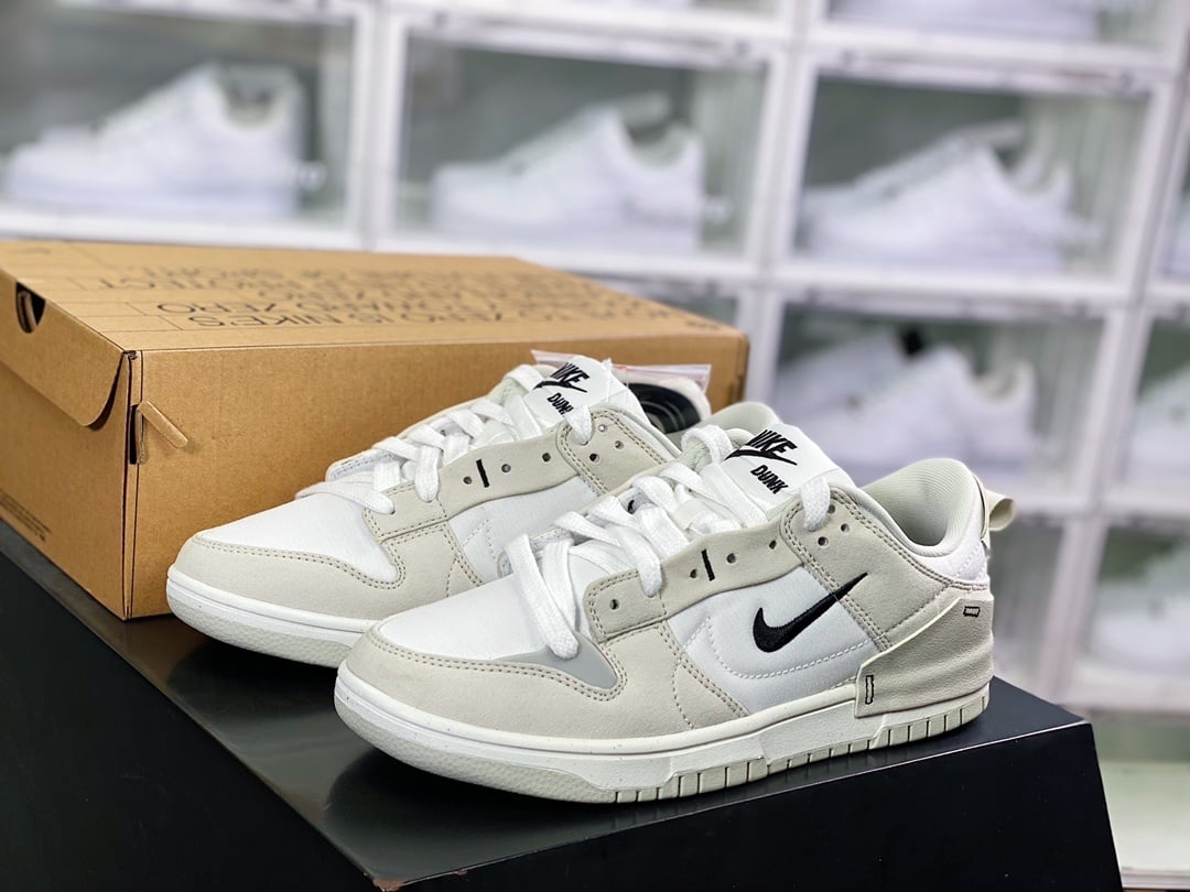 NK Dunk Low Desconstruído Branco Osso Preto Duplo Swoosh