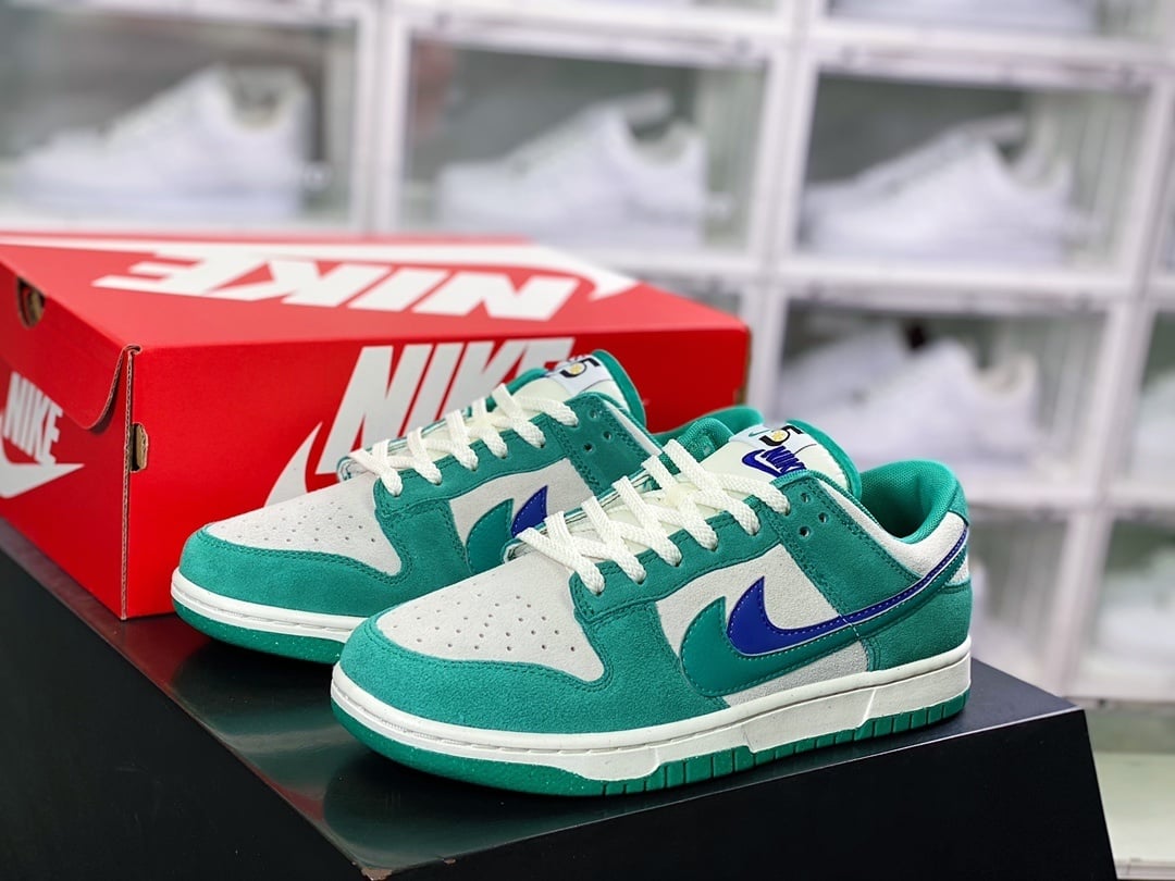 NK Dunk Low Camurça Off-White Verde Azul Duplo Swoosh