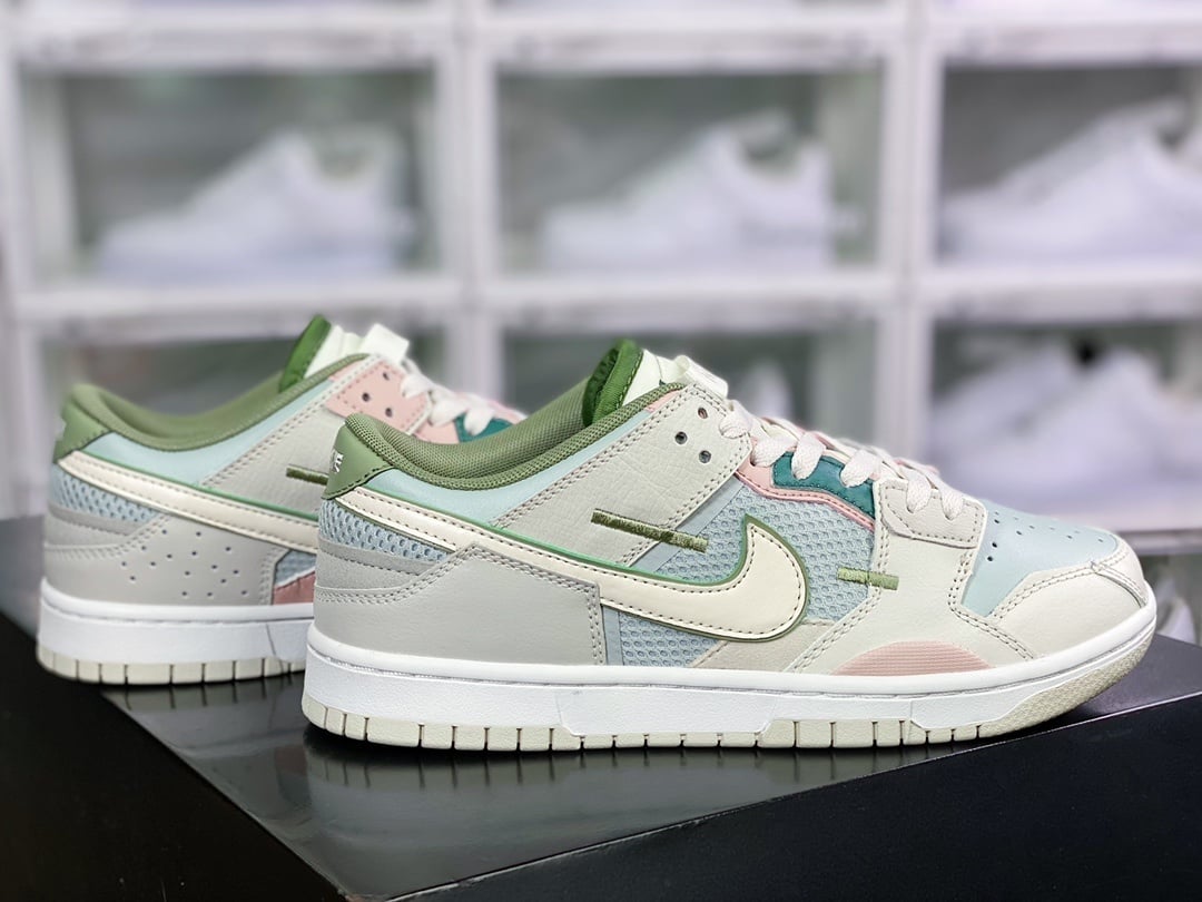 NK Dunk Low Patchwork Cinza Névoa, Verde Claro, Rosa e Branco - Vista 2