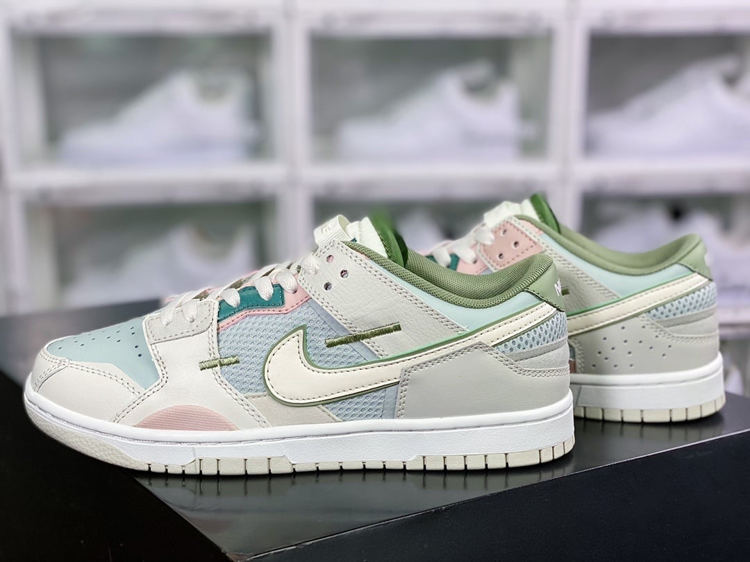 NK Dunk Low Patchwork Cinza Névoa, Verde Claro, Rosa e Branco - Vista 3
