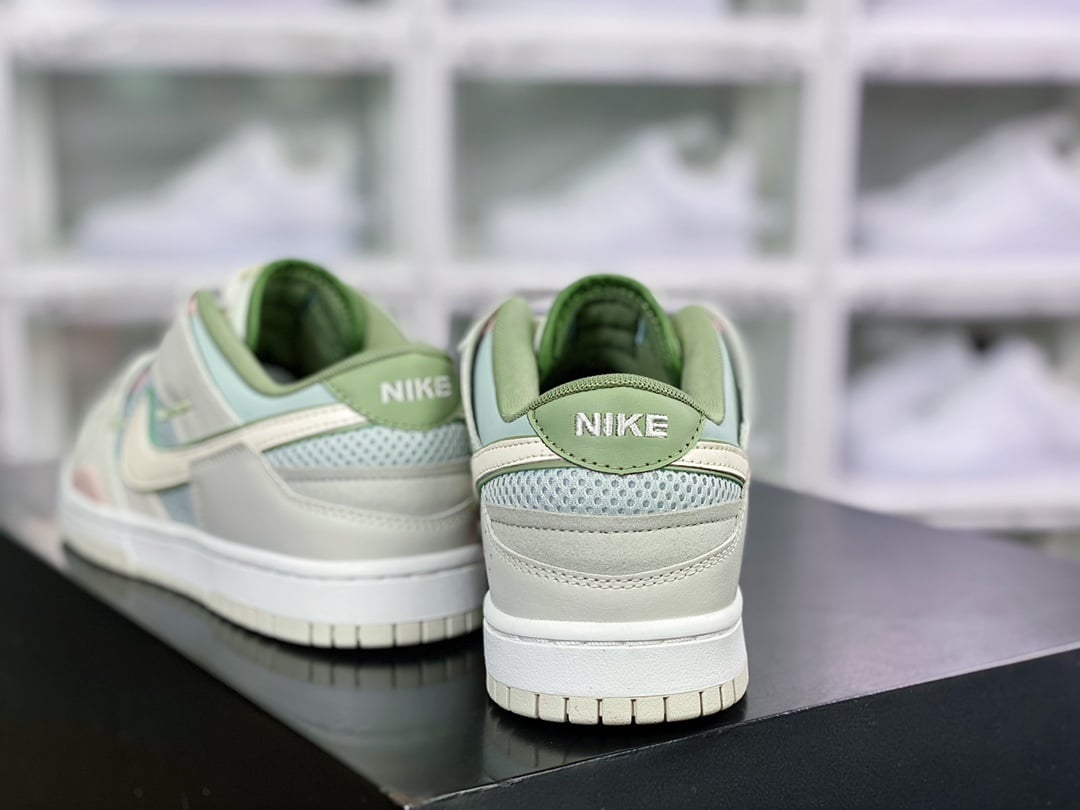 NK Dunk Low Patchwork Cinza Névoa, Verde Claro, Rosa e Branco - Vista 4