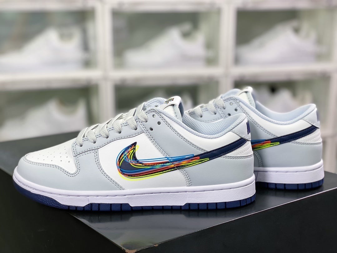 NK Dunk Low Cinzento Branco Arco-Íris 3D - Vista 3