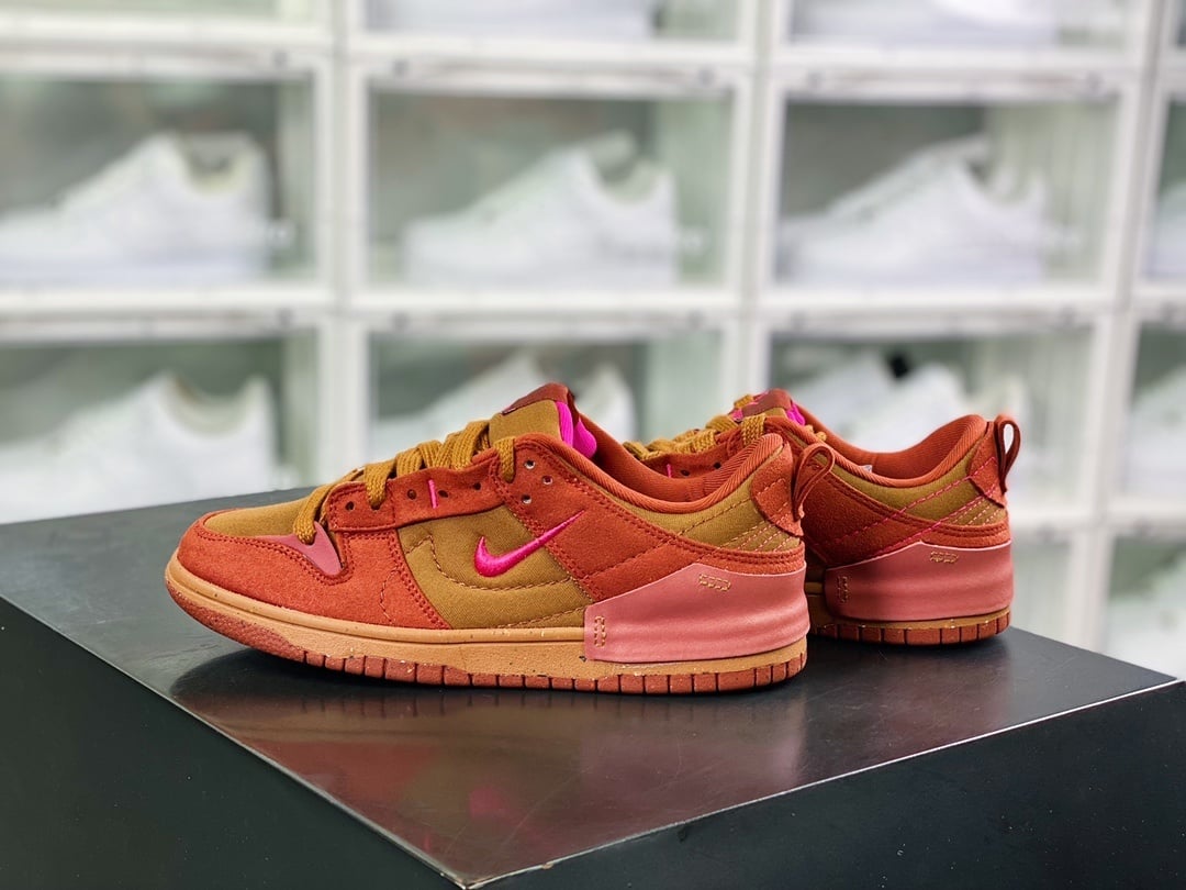 NK Dunk Low Desconstruído Castanho Vermelho Rosa Duplo Swoosh - Vista 2