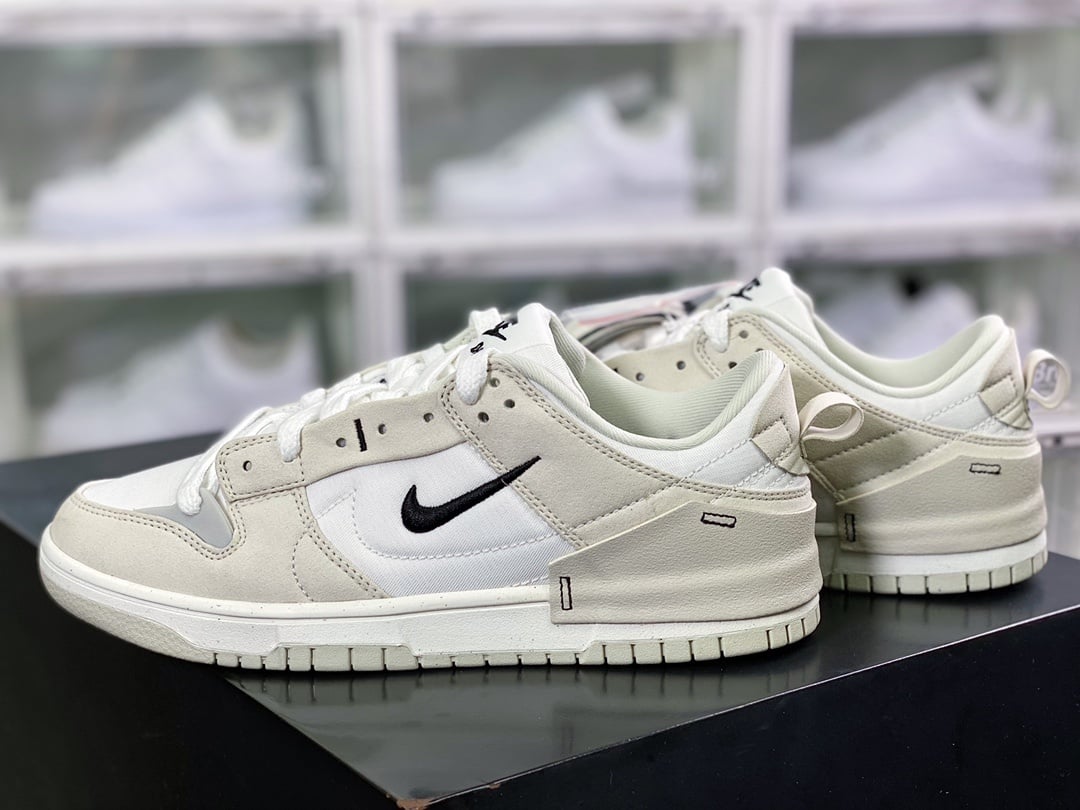 NK Dunk Low Desconstruído Branco Osso Preto Duplo Swoosh - Vista 3