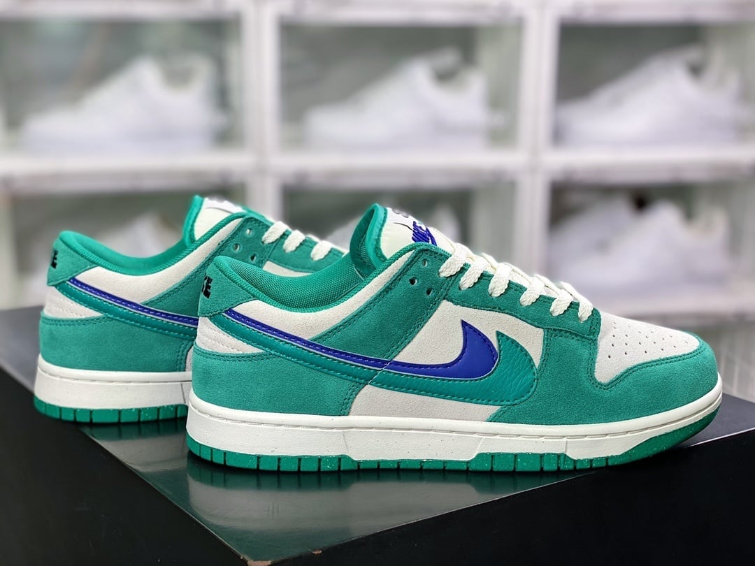 NK Dunk Low Camurça Off-White Verde Azul Duplo Swoosh - Vista 2