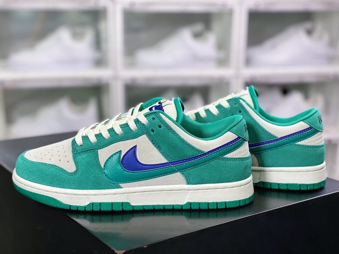 NK Dunk Low Camurça Off-White Verde Azul Duplo Swoosh - Vista 3