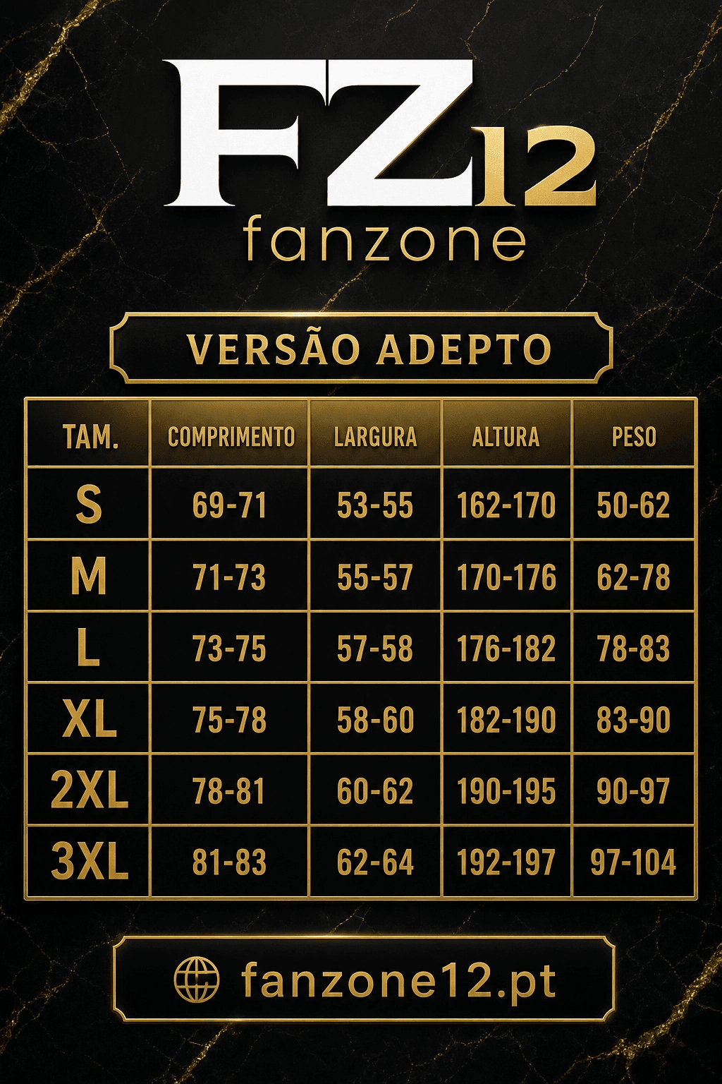 Tabela de medidas versão adepto