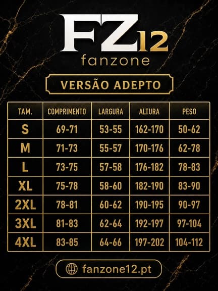 Tabela de medidas versão adepto